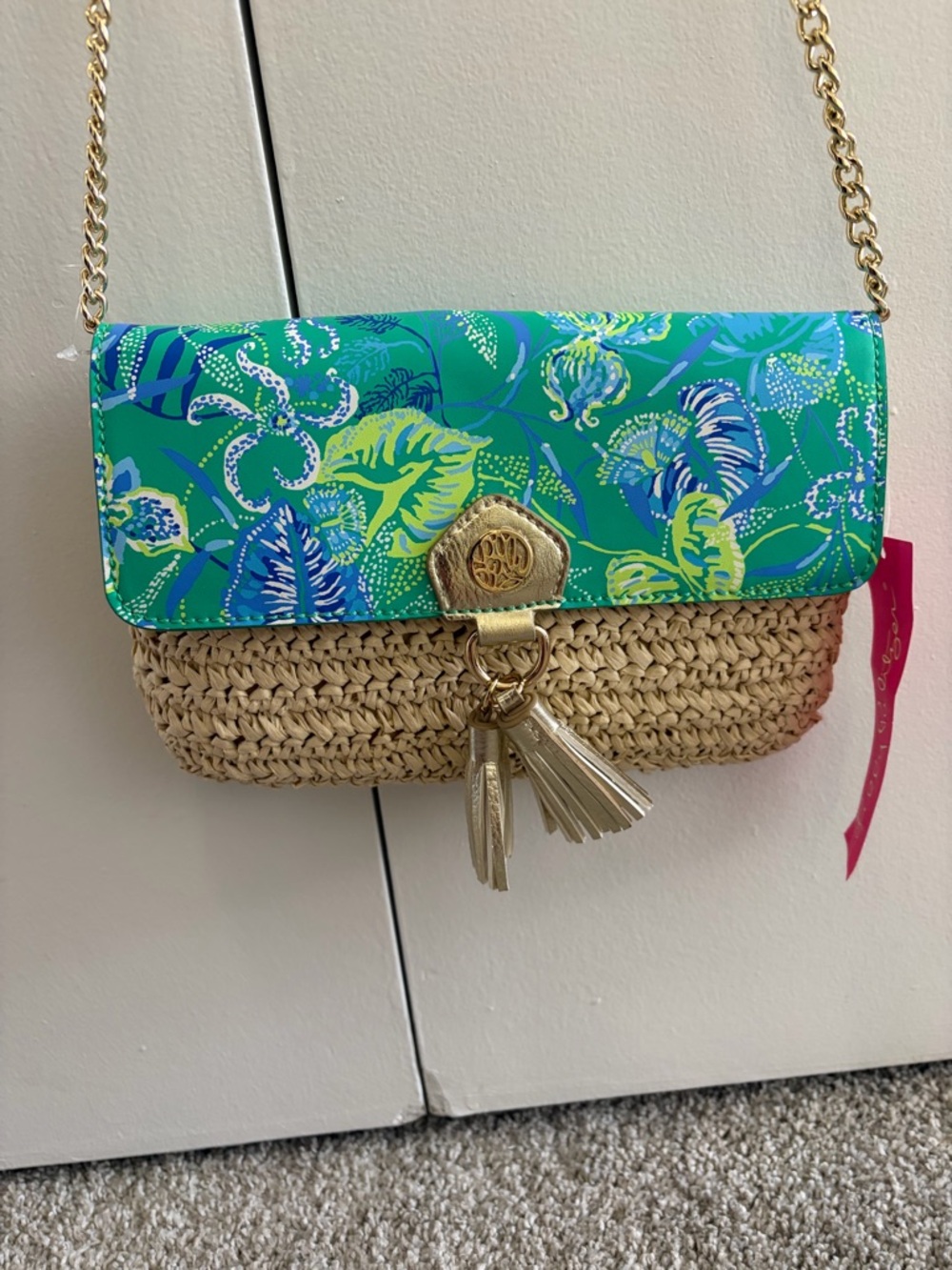 Lilly Pulitzer Green & Blue Botanical Raffia Tassel Crossbody